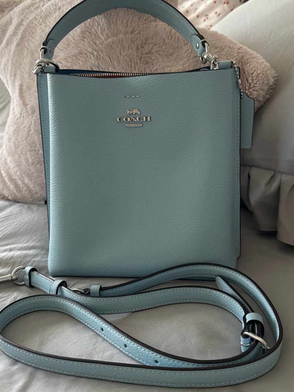 Coach Light Blue Pebbled Leather Top-Handle Bucket Bag with Strap